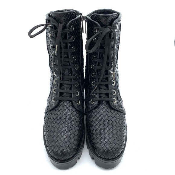 Pons Quintana Black Leather Woven Ankle Boots Zip Lace - Picture 3 of 10